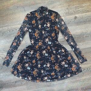 Black long sleeve floral mesh dress